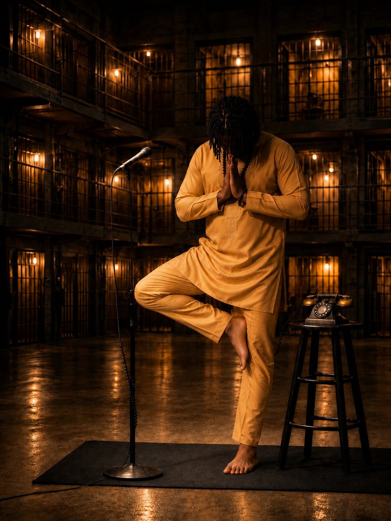 A person in gold stands in tree pose on a yoga mat, hands at heart, before a microphone in a cell block lit by warm lamps.