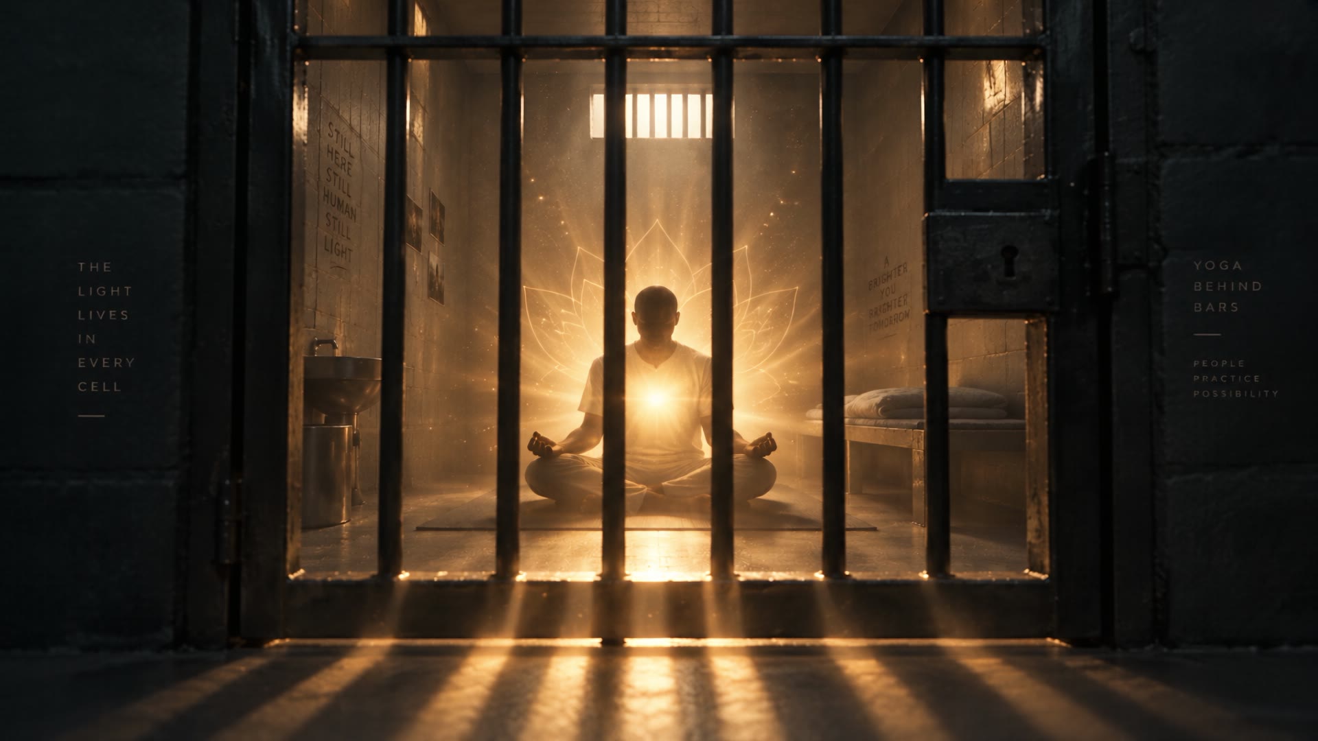 A person meditating in a prison cell, light streaming through the bars